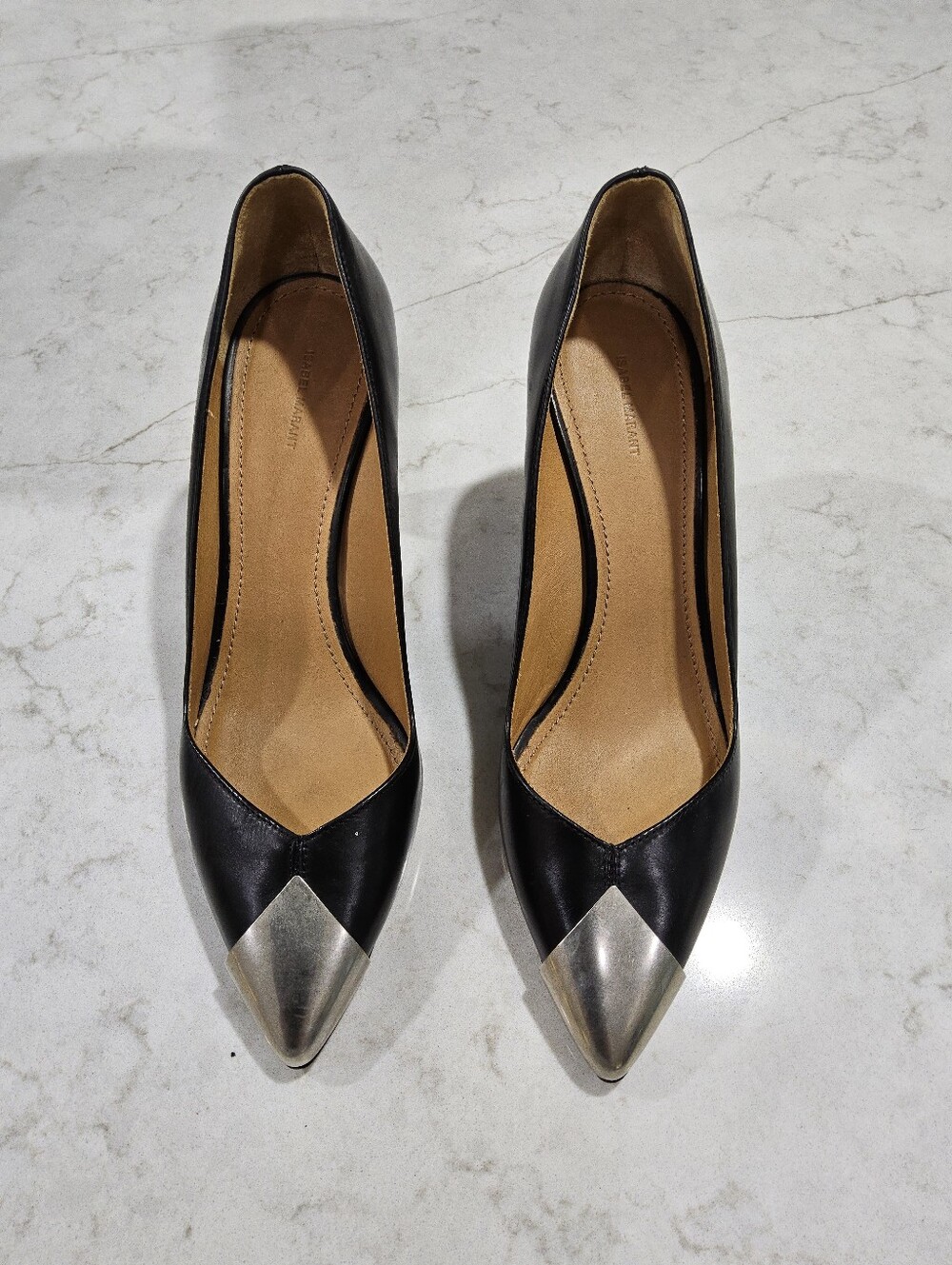 Women’s Black Pointed Toe Pumps with Metallic Cap 38